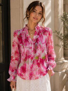 Vintage Anne Klein Petite Floral Ruffle Blouse Pink NWT Y2K